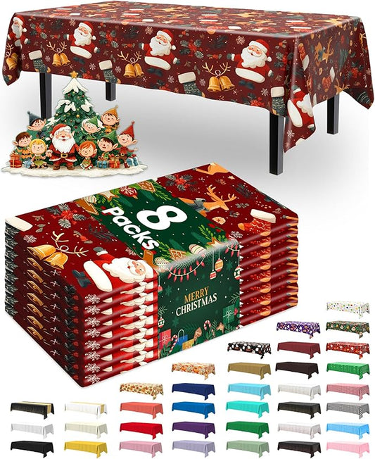 Pureegg Plastic Table Cloth Disposable 8 Pack, 54 x 108 Inch Rectangle Tablecloths, Sturdy Leakproof Plastic Covers for Party, Picnic, Wedding, Winter & Xmas Decoration, Christmas Red