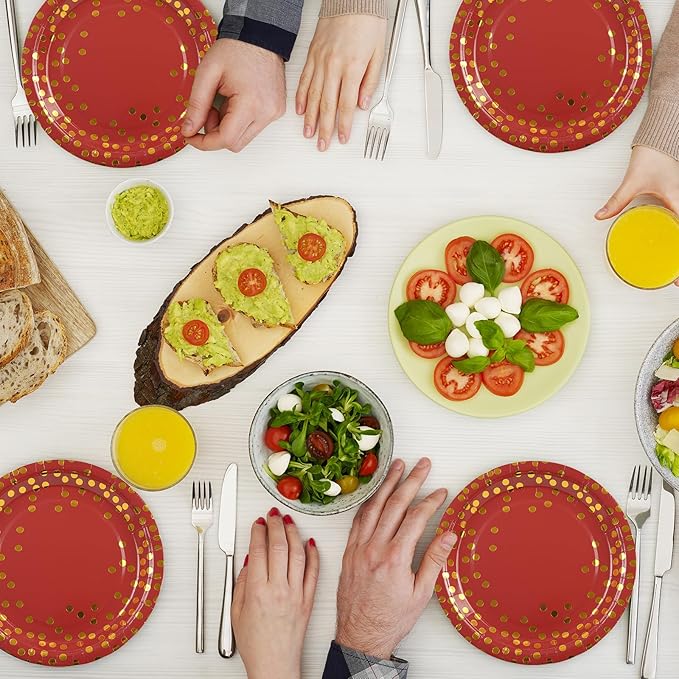 75PCS Paper Plates and Napkins Set - Red and Gold Dot Disposable Party Dinnerware Includes Paper Plates, Napkins, Forks Decorations for Graduations, Birthdays and Weddings, Serves 25