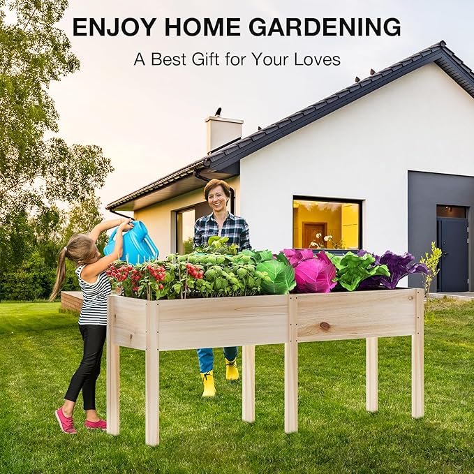 MIXC 72”L X 23”W Raised Garden Bed Outdoors with Legs, Elevated Reinforced Wooden Large Planter Box for Backyard, Patio, Balcony w/Divider Panel, 6 Legs, 300lb Capacity