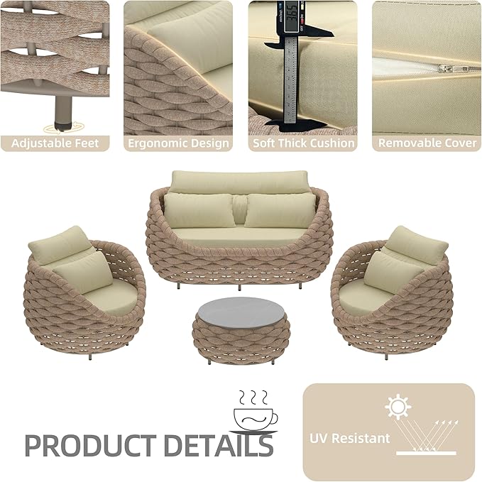 TWT Patio Furniture Sofa Set 4 Pieces Aluminum Outdoor Furniture w/25.6in Coffee Table,Patio Conversation Set with Hand Woven Textilene Rope for Backyard Garden Poolside (Khaki)