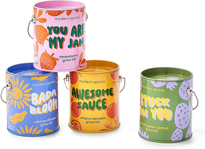 Modern Sprout Complimentary Color Grow Kits (Pack of 4) - Seed Starter Kit - Includes Organic Strawberry, Tomato, Sunflower & Cactus Seeds - Gardening Gifts That Grows with Love - Mother's Day Gift