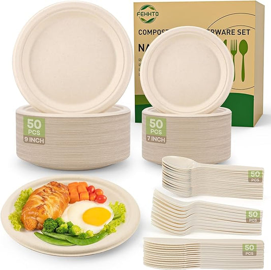 Compostable Paper Plates Set, 250PCS Disposable Heavy-Duty Sugarcane Plate and Eco-Friendly Utensil Biodegradable Dinnerware Plates, Extra Long Forks & Knives & Spoons for Party