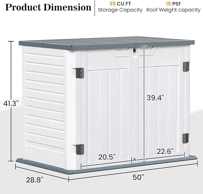 UDPATIO Outdoor Storage Cabinet 35 Cu Ft, Resin Horizontal Outdoor Trash Can Storage Box Lockable Shed 4 x 2 ft for Garbage, Garden Tools, Lawn Mowers