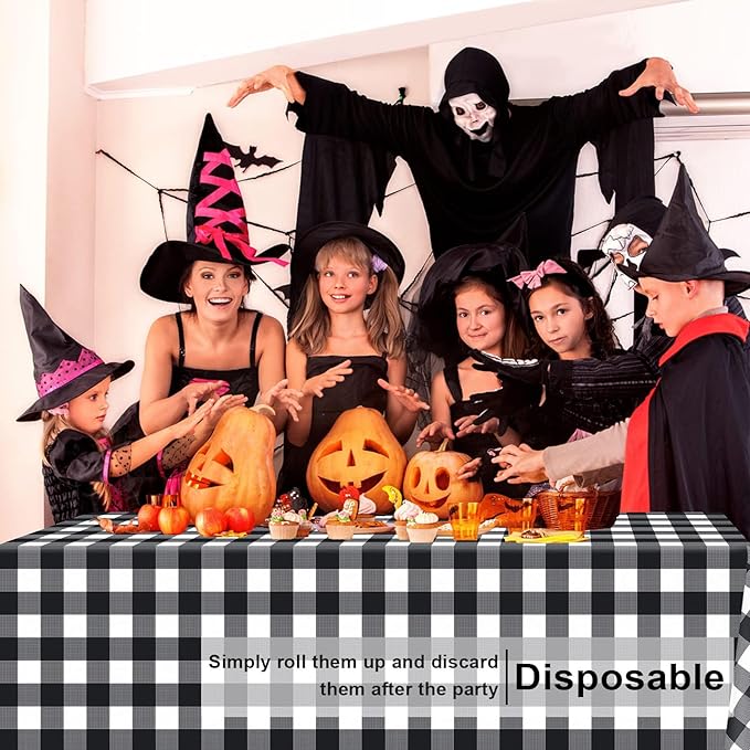 12 Pack Black and White Checkered Tablecloth, Black Plastic Table Cloths for Parties Disposable, 54 x 108 inch Waterproof Black Gingham Camping Tablecloth for Birthday, Party, Halloween
