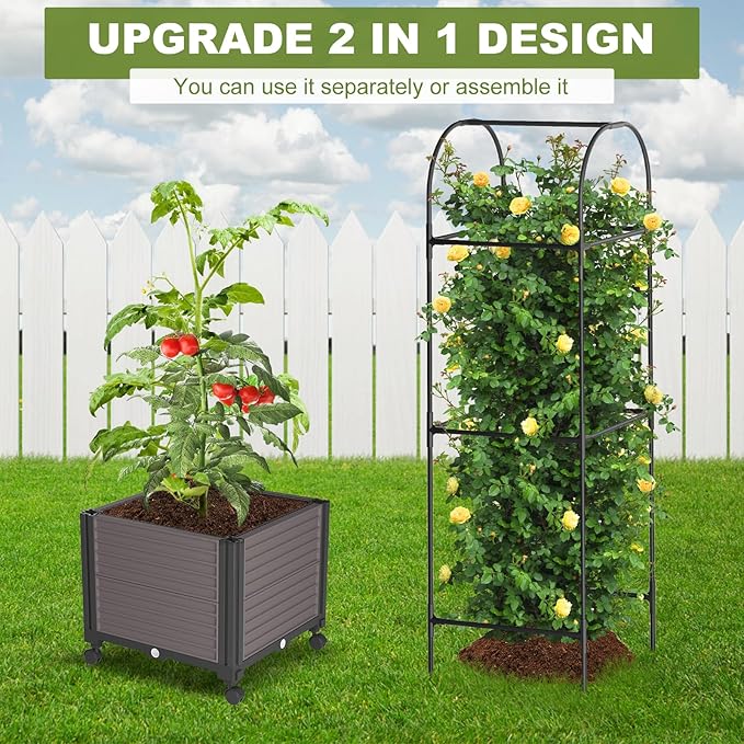 Raised Garden Bed Planter Box with Trellis, 61'' Tomato Planters for Climbing Plants Vegetable Vine Flowers Outdoor Patio Tomato Cage, Self Watering Planter with Wheels