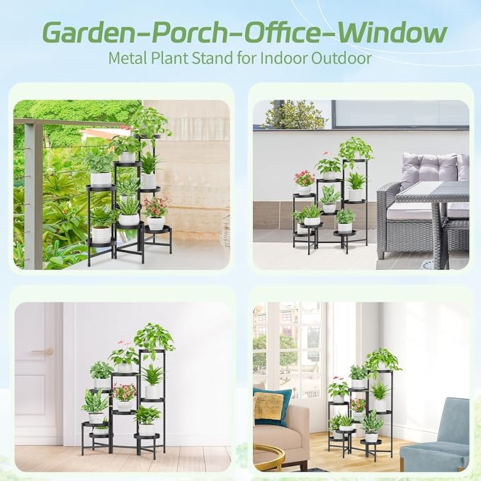 iDavosic.ly Plant Stand Indoor Outdoor, 8 Tier Corner Metal Flower Display Holder Shelf, Folding Tall Orchid Rack for Patio Balcony Porch Garden Living Room House, Black