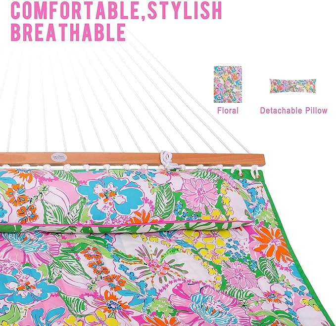 Lazy Daze Hammocks 12 FT Double Layered Quilted Fabric Hammock Swing with Pillow and Carrying Bag, Elegant Tassels and Spread Bar Heavy Duty Stylish for Two Person 450lbs, Floral
