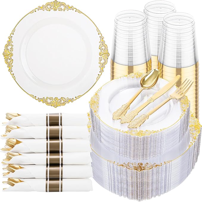 Hioasis 350pcs Clear and Gold Plastic Plates - Elegant Disposable Dinnerware Set Suitable for 50 Guests Include 10.25" Dinner & 7.5" Dessert Plates, Pre Rolled Silverware Set, Cups for Party & Wedding