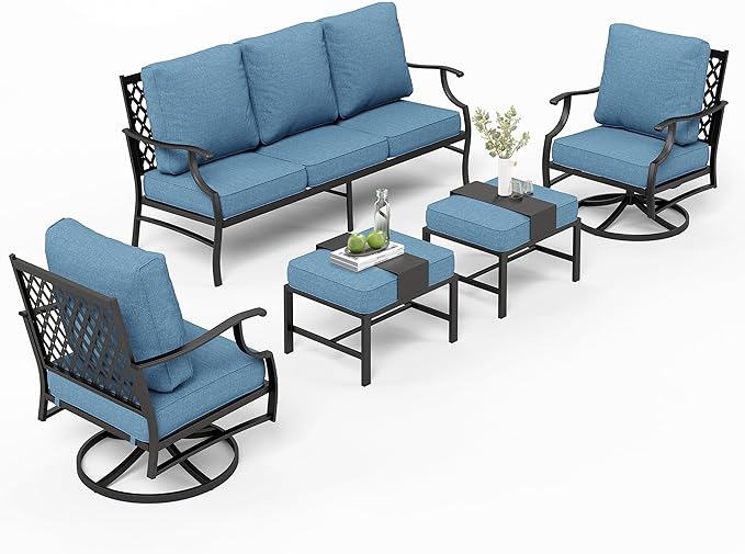 Patio Furniture Set 5 pcs, Outdoor Patio Furniture, 3-Seat Sofa, 2 Swivel Chairs, 2 Ottomans and 5.75" Extra Thick Cushion, Conversation Set for Backyard Deck,Navy Blue