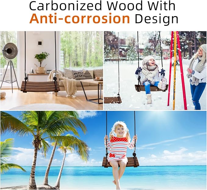 PELLOR Wooden Swing Seat, Carbonized Hanging Wood Tree Swing 17.7 x 7.9 x 0.5 in for Adult Kids Children Anticorrosive & 100% Waterproof 440lbs Load Indoor Outdoor Backyard Play