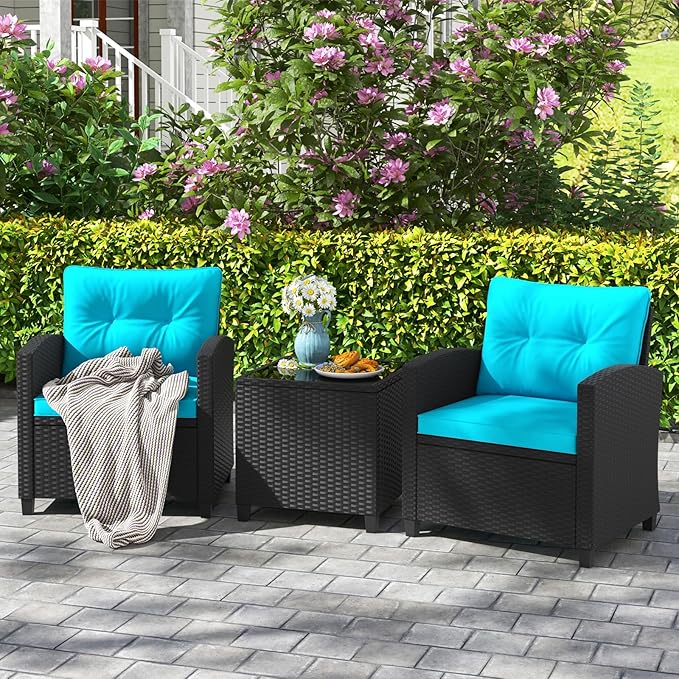 HAPPYGRILL 3 Pieces Wicker Patio Conversation Set, PE Rattan Bistro Sofa Set with Tempered Glass Coffee Table, Washable Cushions, Outdoor Furniture Set for Garden Poolside Balcony (Turquoise)