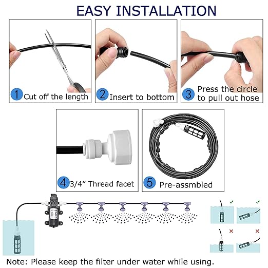 CozyCabin Outdoor Misting Cooling System with Pump - 40ft (12m) Misting Line with Filter + 6 Brass Mist Nozzles (3/4") for Patio Garden Greenhouse Watering Distribution System (6m (20ft))