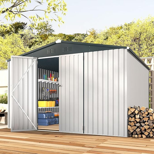 U-MAX Shed 10x10 Storage Shed, Large Metal Outside Garden Sheds & Outdoor Storage Clearance, Tool Shed Outdoor Storage Lockable for Backyard, Patio and Outside Use in White