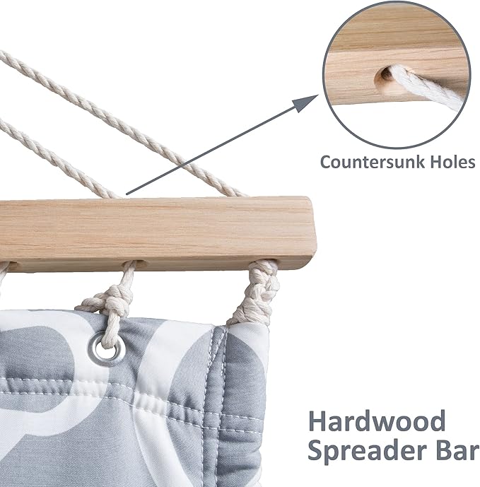 SUNCREAT Double Quilted Hammock with Hardwood Spreader Bar, Extra Large Soft Pillow, Heavy Duty 2 Person Hammock for Indoor, Outdoor, Grey Pattern