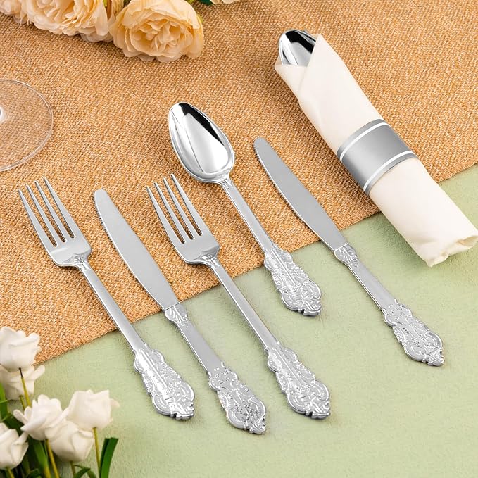 150PCS Silver Plastic Silverware for 50 Guests, Heavy Duty Silver Disposable Utensils Sets, Includes 50 Forks, 50 Spoons, 50 Knives, Elegant Cutlery Perfect for Wedding, Party