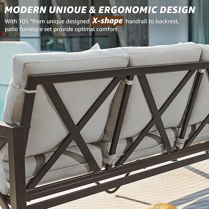 NATURAL EXPRESSIONS 5 Pieces Patio Furniture Set,Outdoor Furniture Sectional Sofa Modern Patio Set for 7 with Deep Seating,High Back Backrest,3 Seater Sofa,Loveseat,2 Fixed Chairs,Metal Table,Beige