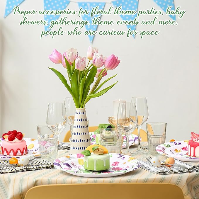 Mumufy 100 Pack Wild Floral Paper Plates Flower Dinner Decoration 9" & 7" Disposable Watercolor Dessert Plates for Wedding Birthday Baby Shower Bridal Tea Party Supplies(Tulip Flowers)