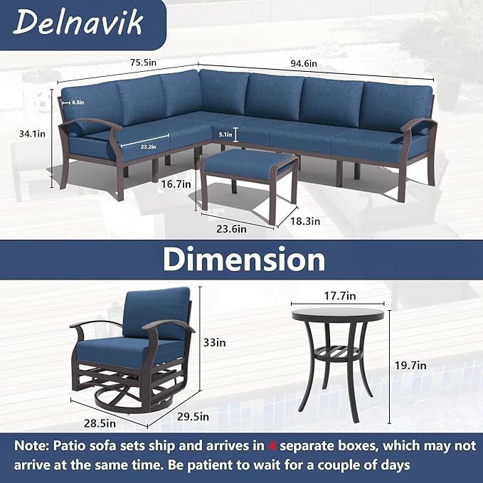 Kurapika Patio Furniture Set 10-Piece Aluminum Sectional Sofa with Armrest, Modern Outdoor Conversation Set, Metal Corner Sofa with Ottoman, Navy Blue