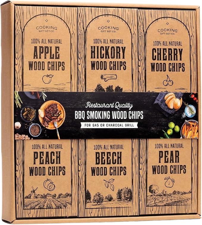 Large Wood Smoking Chips for Smoker - 6 Flavor Variety Pack of Natural Wood Chips - Apple, Hickory, Cherry, Peach, Beech, and Pear - Grilling Accessories for Smoker Grill, Charcoal and Gas Grill