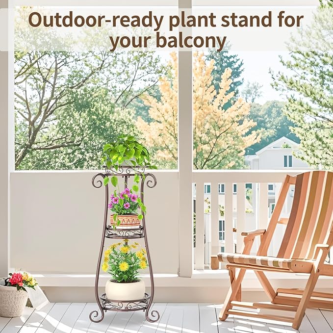 LASZOLA 3 Tier Bronze Metal Plant Stand for Multiple Large Planters Indoor Outdoor Organizer, Heavy Duty Tall Flower Stand for Corner Patio Bathroom Office, Modern Sturdy Vertical Iron Rack, Cat Proof