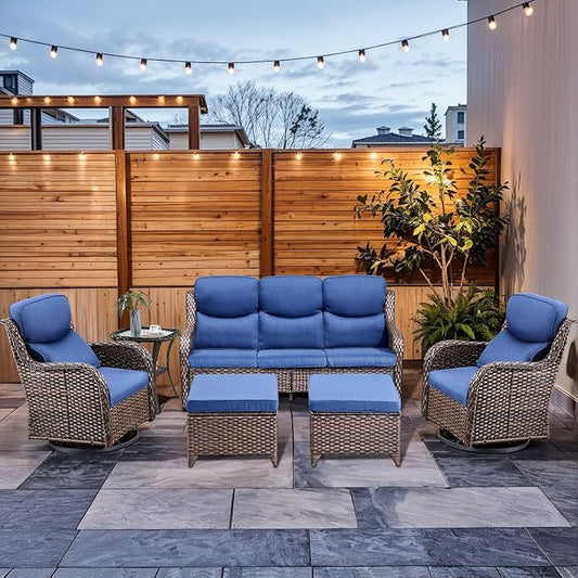 HUMMUH 6-Piece Outdoor Wicker Patio Furniture Set with Swivel Glider Chairs, 3-Seat Sofa & Ottomans 5” Olefin Cushions Ergonomic Neck-Lumbar Backrest All-Weather Rattan for Garden, Deck, Porch
