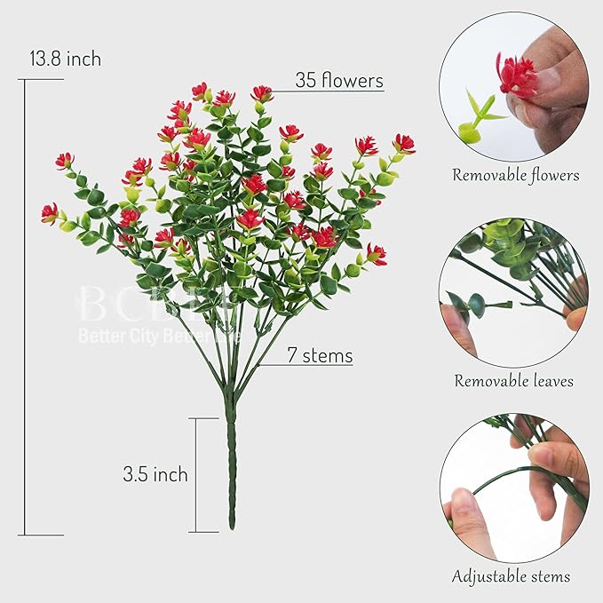 Artificial Flowers for Outdoors, 12 Bundles UV Resistant Realistic Faux Plants for Outside Porch Planter, Spring Summer Home Garden Decoration, Red