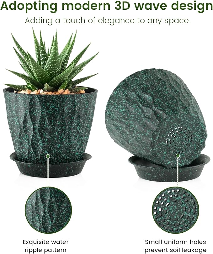 5 inch Plant Pots for Indoor Outdoor Plants, 6 Pack Thick Nursery Pots with Drainage Holes and Saucers, 3D Modern Wave Texture Small Plastic Planter Flower Pots, Black with Green Speckles