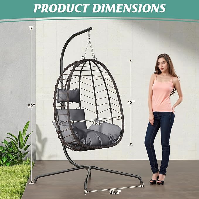 Hanging Egg Chair with Stand, Swinging Egg Chair Outdoor Indoor, Hanging Basket Chair with Cushion, Patio Wicker Hammock Chair 350lbs Capacity for Bedroom, Balcony, Backyard, Garden (Grey)