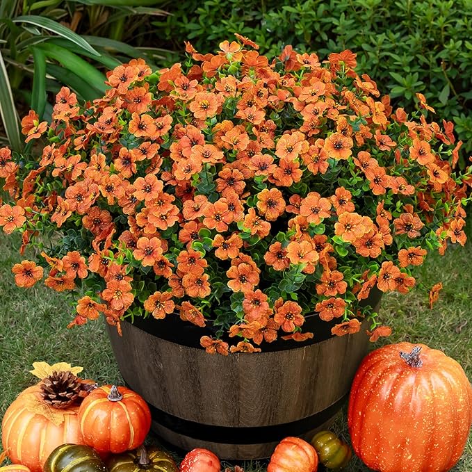 20 Bundles Artificial Flowers for Outdoor Fake Plants for Spring Decoration,Faux Eucalyptus Flowers for Planter UV Resistant Lifelike for Home Porch Garden（Orange）