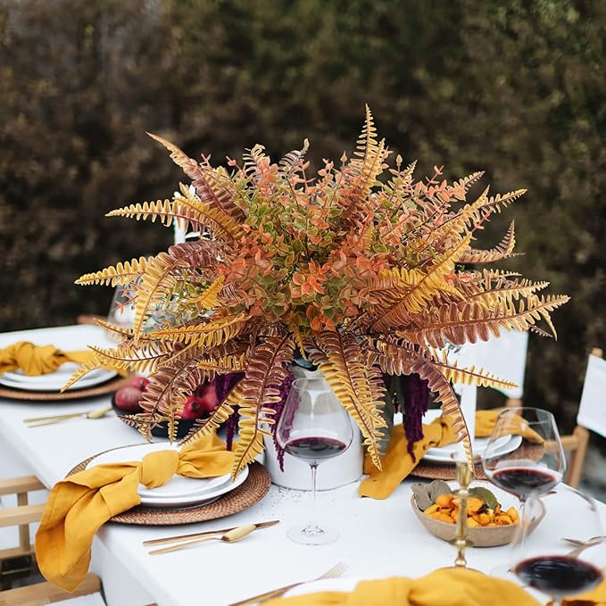 Uieke 6PCS Artificial Fall Flowers Outdoor UV Resistant, 3PCS Fall Fake Plants with 3PCS Autumn Boston Fern Plants Bushes for Outside Garden Front Porch Sidewalk Window Box Fall Décor Orange
