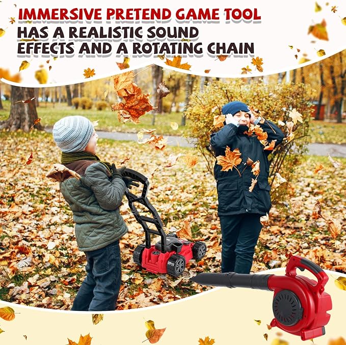 2 Pcs Toy Gardening Tool Set for Kids Leaf Blower, Push Lawn Mower Battery Powered Gardening Tool Set with Lights and Sounds Gift for Boys Girls