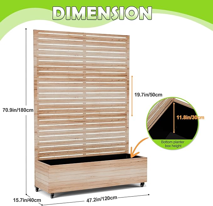 15.7"×70.9"×47.2" Metal Raised Garden Bed with Trellis and Wheels - Tall Trellis Planter Box for Climbing Plants, Vegetables & Vines - Outdoor Privacy Planters for Patio (Acacia Wood Grain)