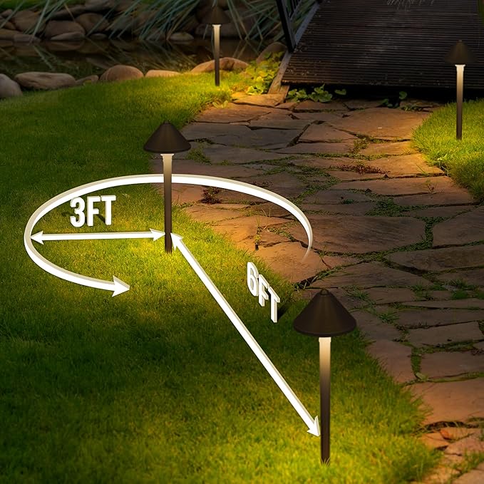 GKOLED Solid Brass Landscape Path Lights (5" Shade, 20" Tall), Low Voltage LED 3W 12-24V AC/DC Conehead Path Lighting, 2700K Outdoor Waterproof Walkway Light, with Stake and G4 Bulb, 12 Pack