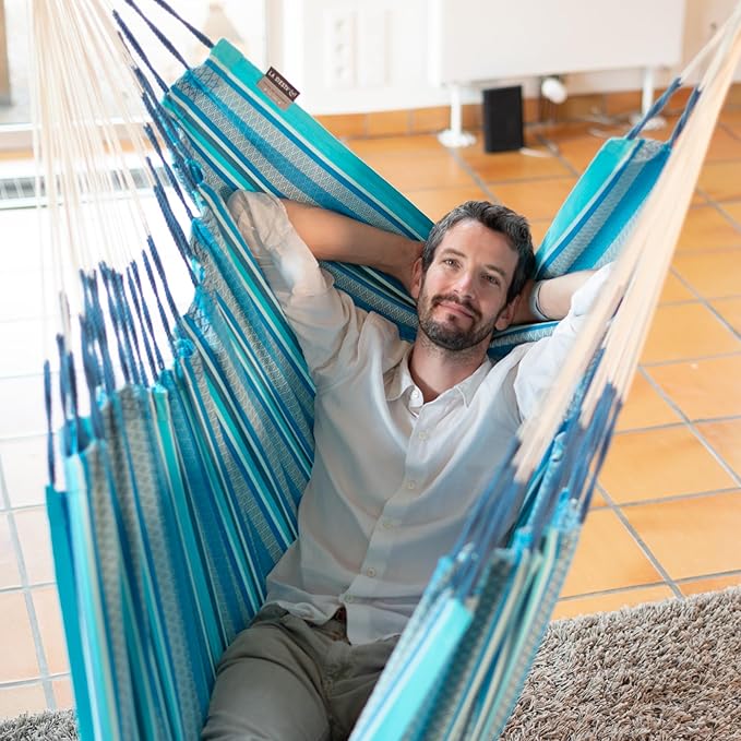 LA SIESTA® - XL King Habana Cotton Hammock & Romano Steel Stand - Indoor Outdoor Hanging Chair Swing for Bedroom Porch Balcony - Boho Hanging Chair - Azure