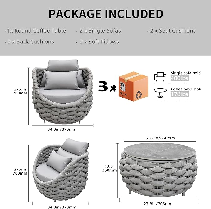 TWT 3 Pieces Aluminum Patio Furniture Set, Hand Woven Textilene Rope Outdoor Sofa Set w/Washable Cushion and Rock Slab Tabletop, Conversation Furniture for Livingroom Poolside Balcony (Grey)