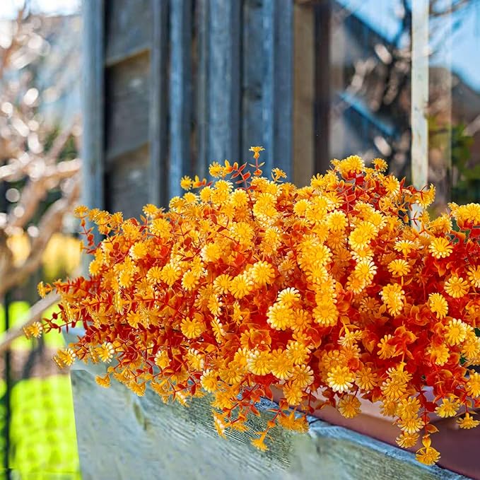 12 Bundles Artificial Fall Flowers for Outdoors Fake Plants - Faux Outside Greenery Boxwood No Fade Plastic Shrubs Decor Farmhouse Home Garden Thanksgiving (Fall Yellow)