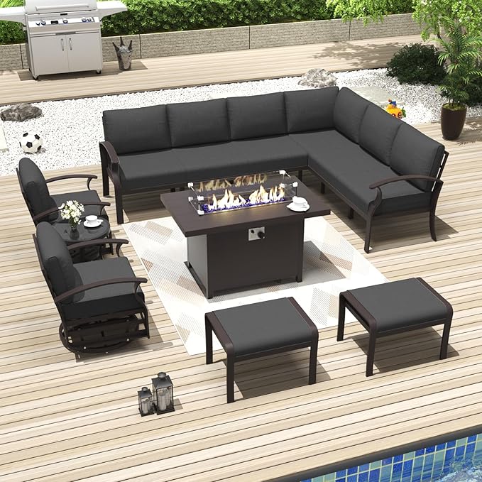 Kurapika Patio Furniture Set 10-Piece Aluminum Sectional Sofa with Armrest, Modern Outdoor Conversation Set w/55000 BTU Propane Fire Pit Table, Metal Corner Sofa with Ottoman, Black