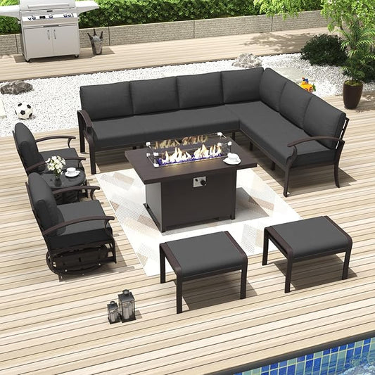 Kurapika Patio Furniture Set 10-Piece Aluminum Sectional Sofa with Armrest, Modern Outdoor Conversation Set w/55000 BTU Propane Fire Pit Table, Metal Corner Sofa with Ottoman, Black