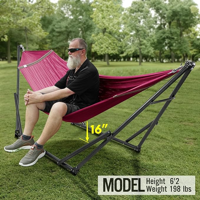 Tranquillo Universal Double Hammock with Stand Included for 2 Persons/Foldable Hammock Stand 600 lbs Capacity Portable Case - Inhouse, Outdoor, Camping, Red