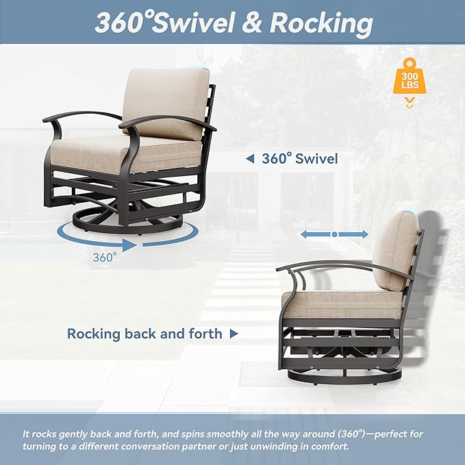 Kurapika 5 Piece Modern Metal Outdoor Conversation Sets, Patio Furniture Set, 4 Aluminum Swivel Chairs w/48in Round Propane Fire Pit Table and Thickened Cushions, Sand