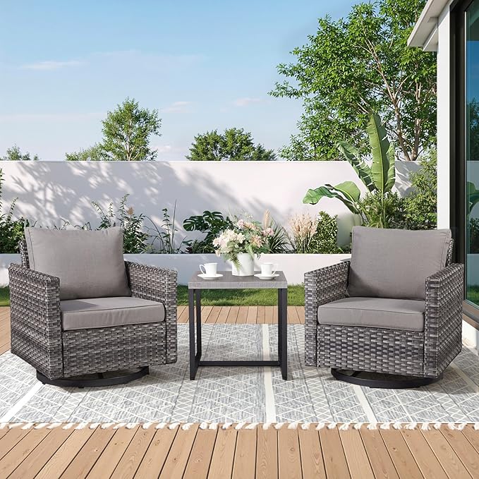 Outdoor Swivel Rocker Patio Chairs-3 Pieces Wicker Swivel Patio Chairs Set of 2 with Matching Side Table, Thick Cushions High Back Outdoor Furniture Set for Deck Porch Balcony(Grey/Grey)