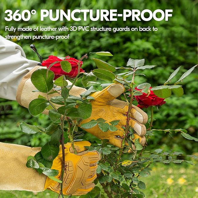 Vgo... Safety Work Gloves Men,Extra-long Cuff Thornproof,Premium Cow Grain Leather,Anti-abrasion, Anti-Impact,Gardeing (1 Pair,Size XL, Gold, CA9659)