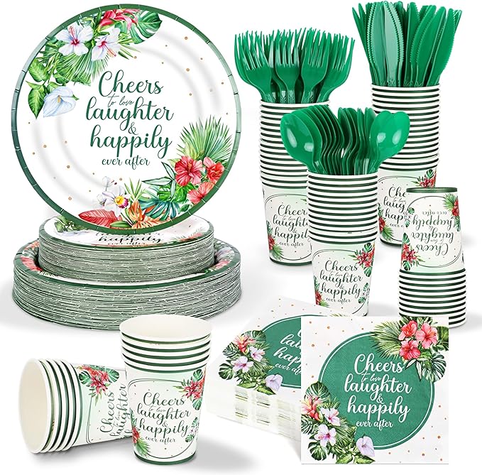 350 Pcs Tropical Wedding Bridal Shower Paper Plate Palm leaf Napkin Cup Hibiscus flower Disposable Tableware Set With Knives Fork Cheers to Love Bachelorette Party Favor for 50 Guest