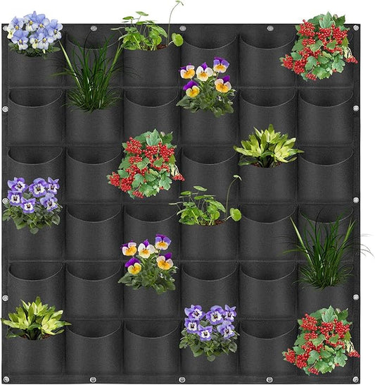 36 Pockets Hanging Planter Bags, Hanging Vertical Wall Mounted Plant Planting Grow Bags, Herb Garden Planter Outdoor Indoor Growing Bag, Gardening Vertical Greening Flower Container(1m×1m, Black)