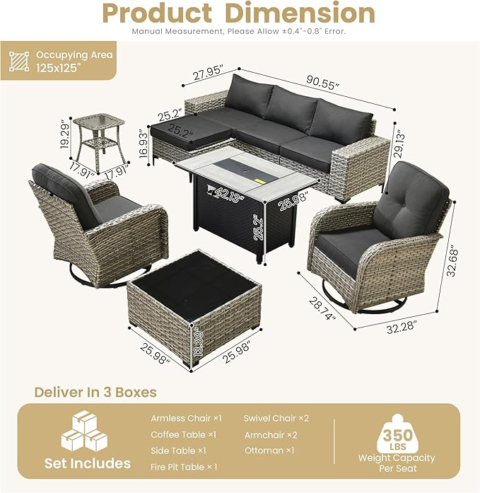 HOOOWOOO Outdoor Sectional Furniture Set with Fire Pit Table,9 Pieces Wicker Patio Conversation Sets,L Shape All Weather Outside Couch Sofa Set with Swivel Chairs Ottoman,Black