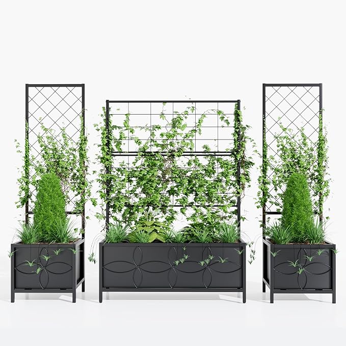 Zhongma 15.75 x 15.75 x 55 in Raised Garden Bed with Trellis,Heavy Duty Plant Box for Climbing Plants with Drainage Hole, Metal Lattice Planter Gardon Box with Inner Fabric Liners.