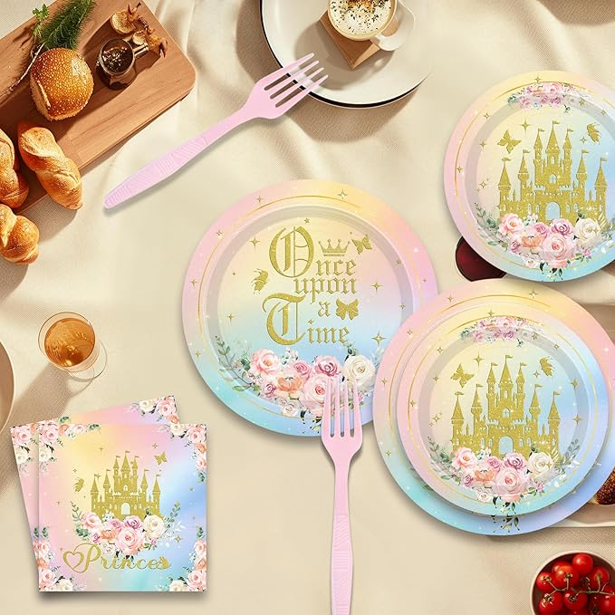 96PCS Princess Castle Plates and Napkins Girls Gold Princess Flower Castle Birthday Tableware Set Watercolor Pastel Rainbow Castle Party Table Decorations Favors Serves 24 Guests