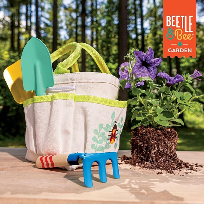 Beetle & Bee Kids Garden Tote Kit – Durable, Easy-to-Clean Gardening Tools Set - Includes Canvas Tote Bag, Hand Rake, Shovel & Trowel - Perfect Toddler Gardening Set