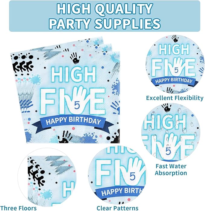 96Pcs Hi Five Party Decorations Blue High 5 Year Old Plates And Napkins Tableware Sets Officially a Handful 5th Birthday Decorations for Kids Girls Boys Five Years Old Birthday Supplies Serves 24