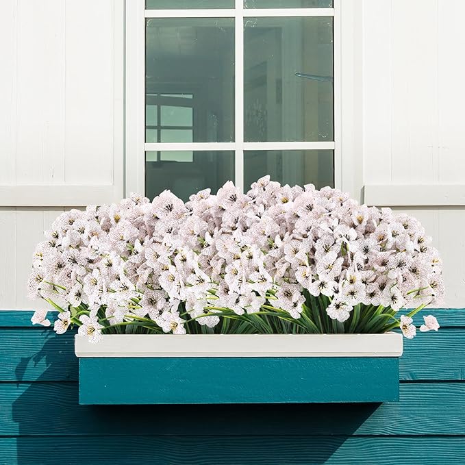 22 Bunches of Outdoor Artificial Flowers, UV Resistant Fake Flowers Artificial Silk Flowers with Plastic Plants for Indoor Outdoor Front Porch Hanging Planter Decoration (22, White)